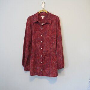 LOGO Lori Goldstein Red Maroon Purple Watercolor Button Front Tunic Top Sz M